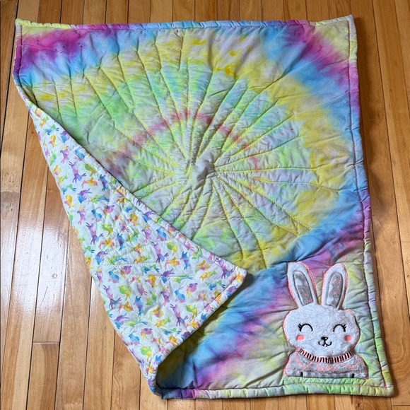 Colorful Tie-Dye Baby Blanket with Bunny Patch or bunny lover throw - Picture 3 of 6